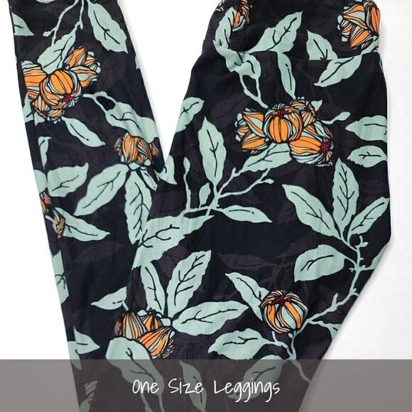 LuLaRoe OS Leggings Floral Leaves Black Green NEW - Picture 1 of 1